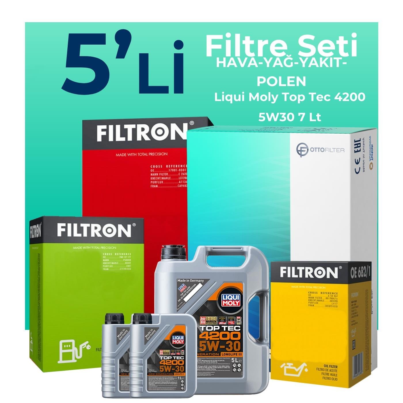 Filtron Volkswagen Transporter T5 2.0 Dizel Filtre Bakım Seti Liqui Moly Motor Yağlı (2009-2015) 5 Li
