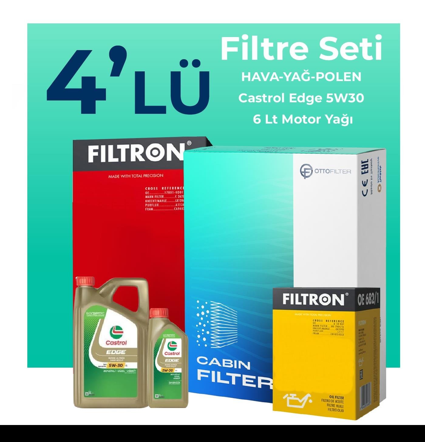 Filtron Volkswagen Transporter T6 2.0 Dizel Filtre Bakım Seti Castrol Motor Yağlı (2015-2023) 4 Lü