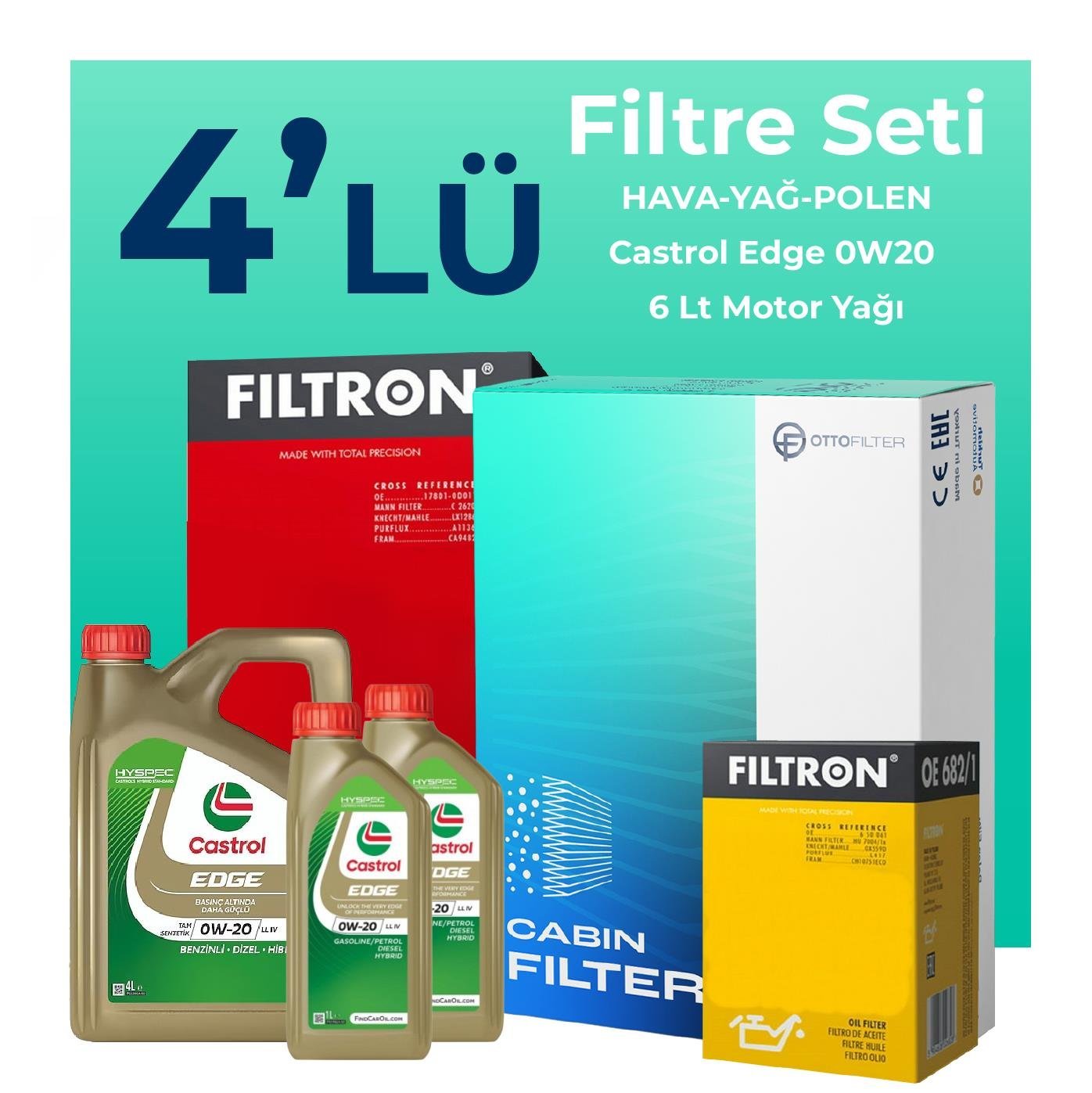 Filtron Volvo V90 Cross Country 2.0 Dizel B5 Filtre Bakım Seti Castrol Motor Yağlı (2020-2024) 4 Lü
