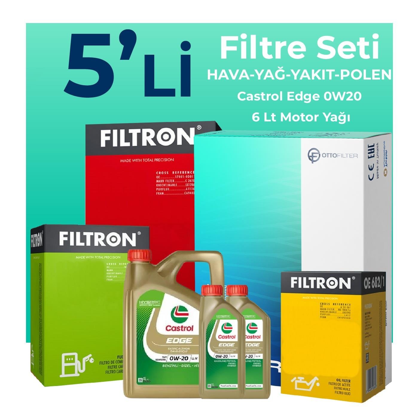 Filtron Volvo XC60 2.0 Dizel Filtre Bakım Seti Castrol Motor Yağlı (2013-2017) 5 Li