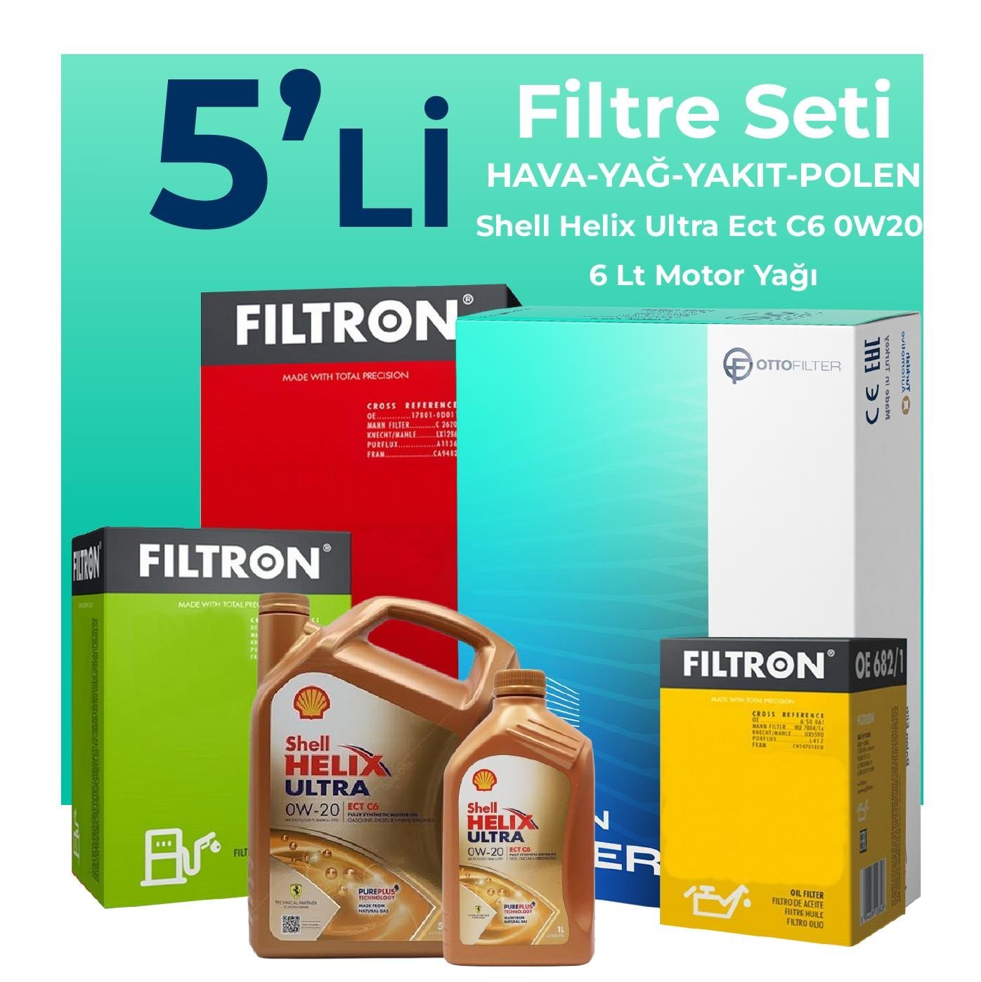Filtron Volvo XC60 2.0 Dizel Filtre Bakım Seti Shell Motor Yağlı (2013-2017) 5 Li