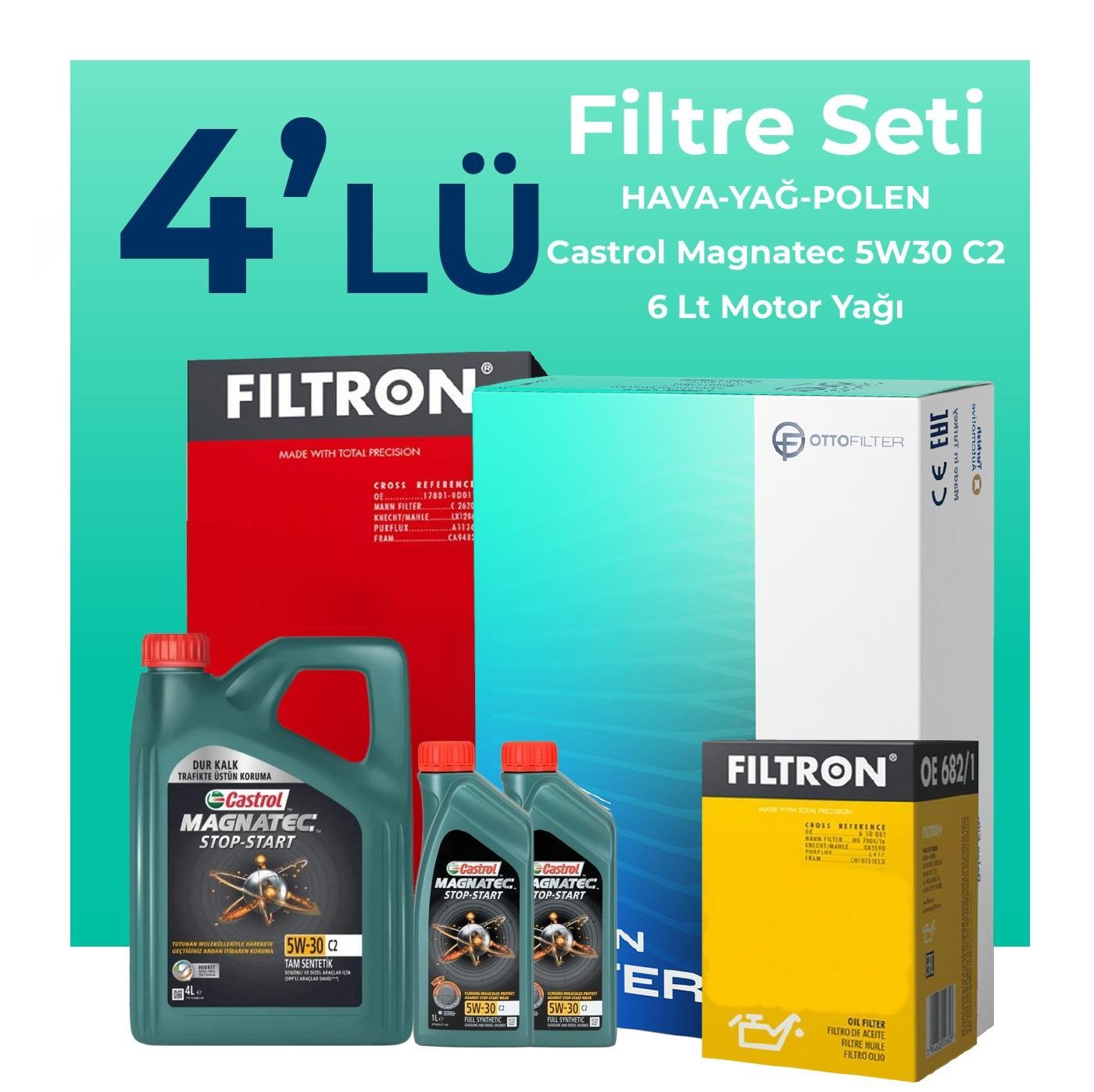 Filtron Volvo XC60 2.4 Dizel Filtre Bakım Seti Castrol Motor Yağlı (2009-2014) 4 Lü