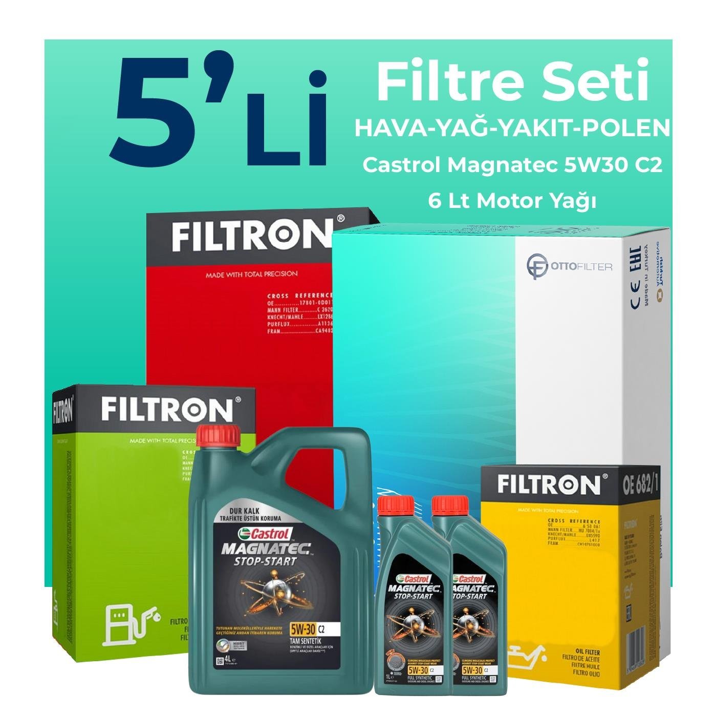 Filtron Volvo XC60 2.4 Dizel Filtre Bakım Seti Castrol Motor Yağlı (2009-2014) 5 Li