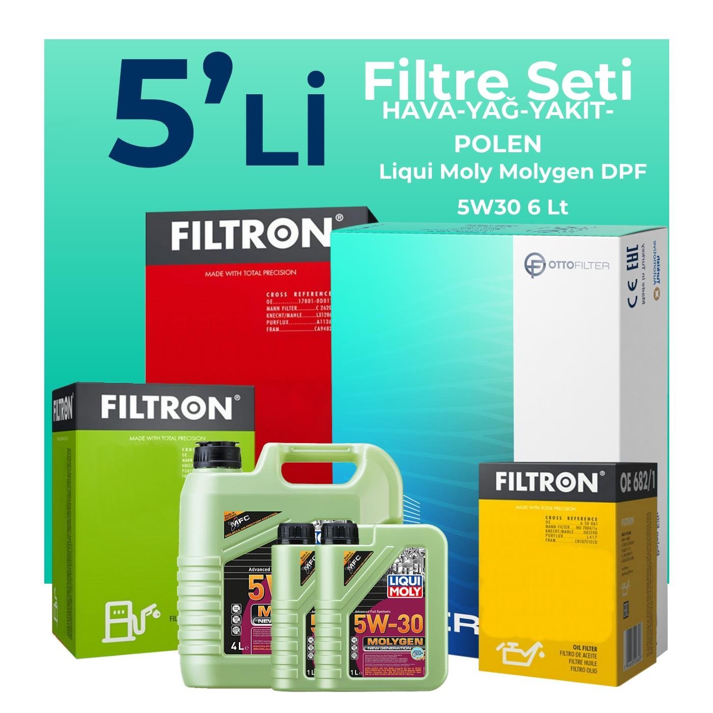Filtron Volvo XC60 2.4 Dizel Filtre Bakım Seti Liqui Moly Motor Yağlı (2009-2014) 5 Li