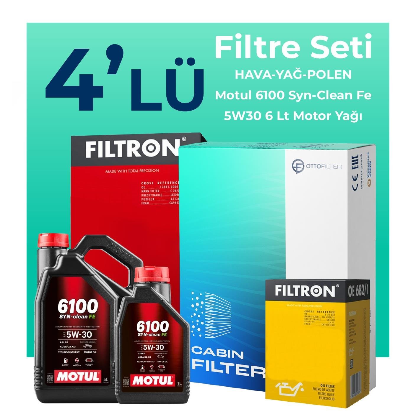 Filtron Volvo XC60 2.4 Dizel Filtre Bakım Seti Motul Motor Yağlı (2009-2014) 4 Lü