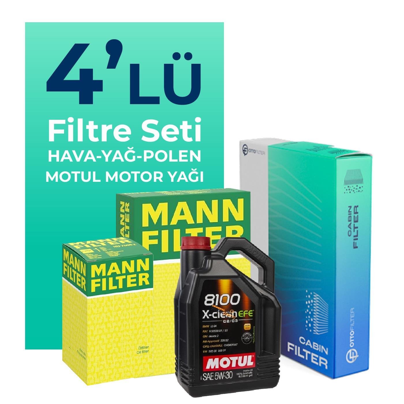 MANN BMW 3.18 Benzinli Filtre Bakım Seti Motul Motor Yağlıi (2015-2018) 4 Lü