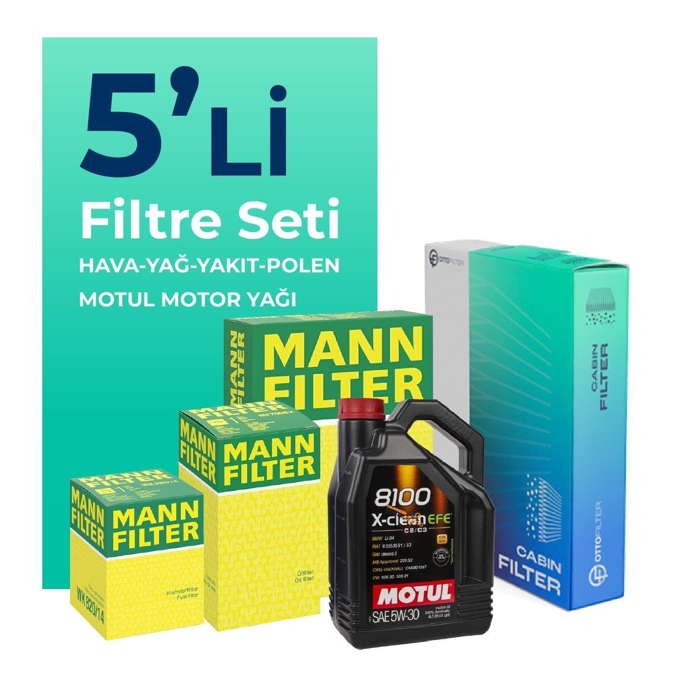 MANN BMW 3.20 Dizel 190 HP Filtre Bakım Seti Motul Motor Yağlı (2015-2018) 5 Li