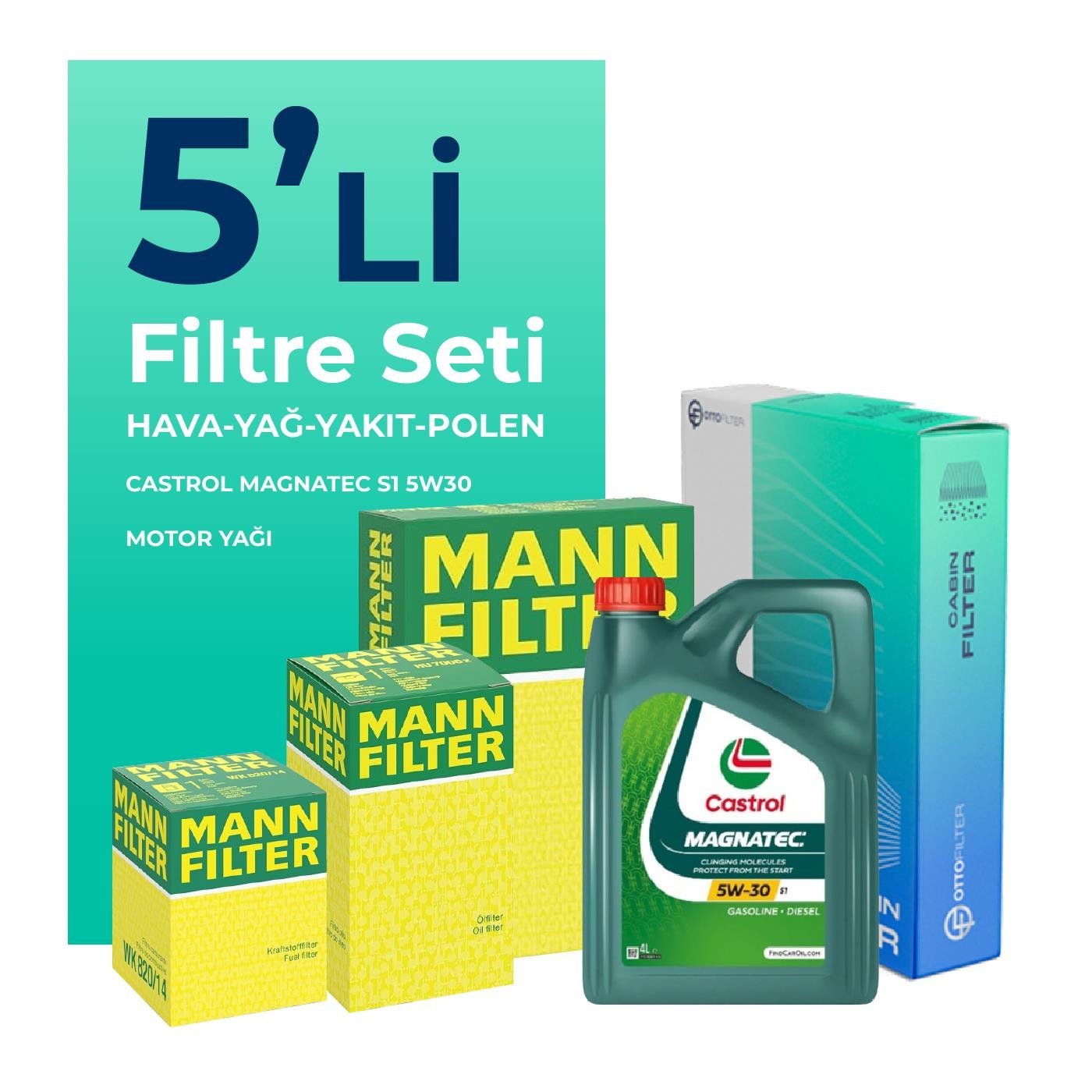 MANN Fiat Doblo 1.3 Dizel Filtre Bakım Seti Castrol Motor Yağlı EURO 5 (2015-2021) 5 Li