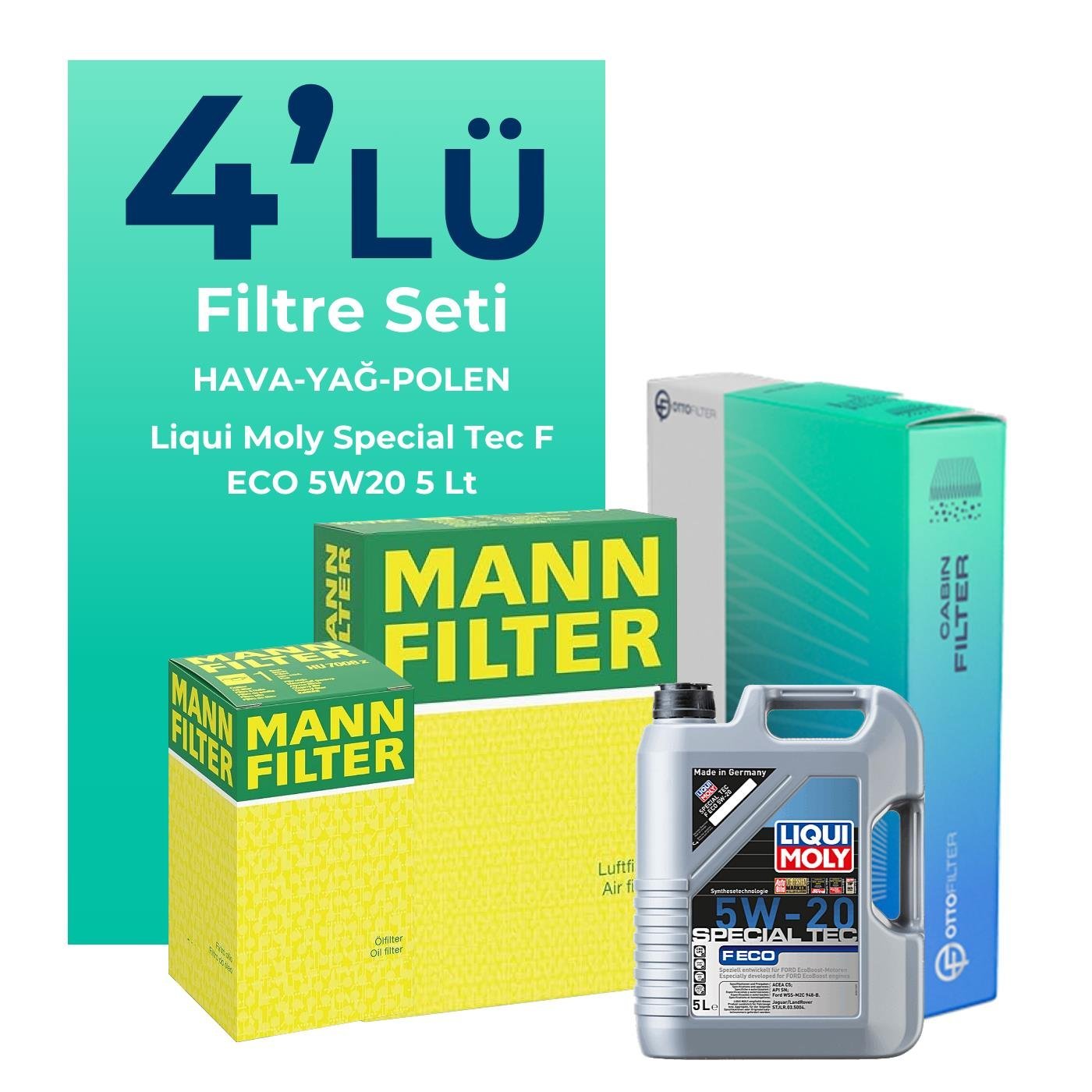 MANN Ford Fiesta 1.0 Benzin Filtre Bakım Seti Liqui Moly Motor Yağlı (2017-2020) 4 Lü