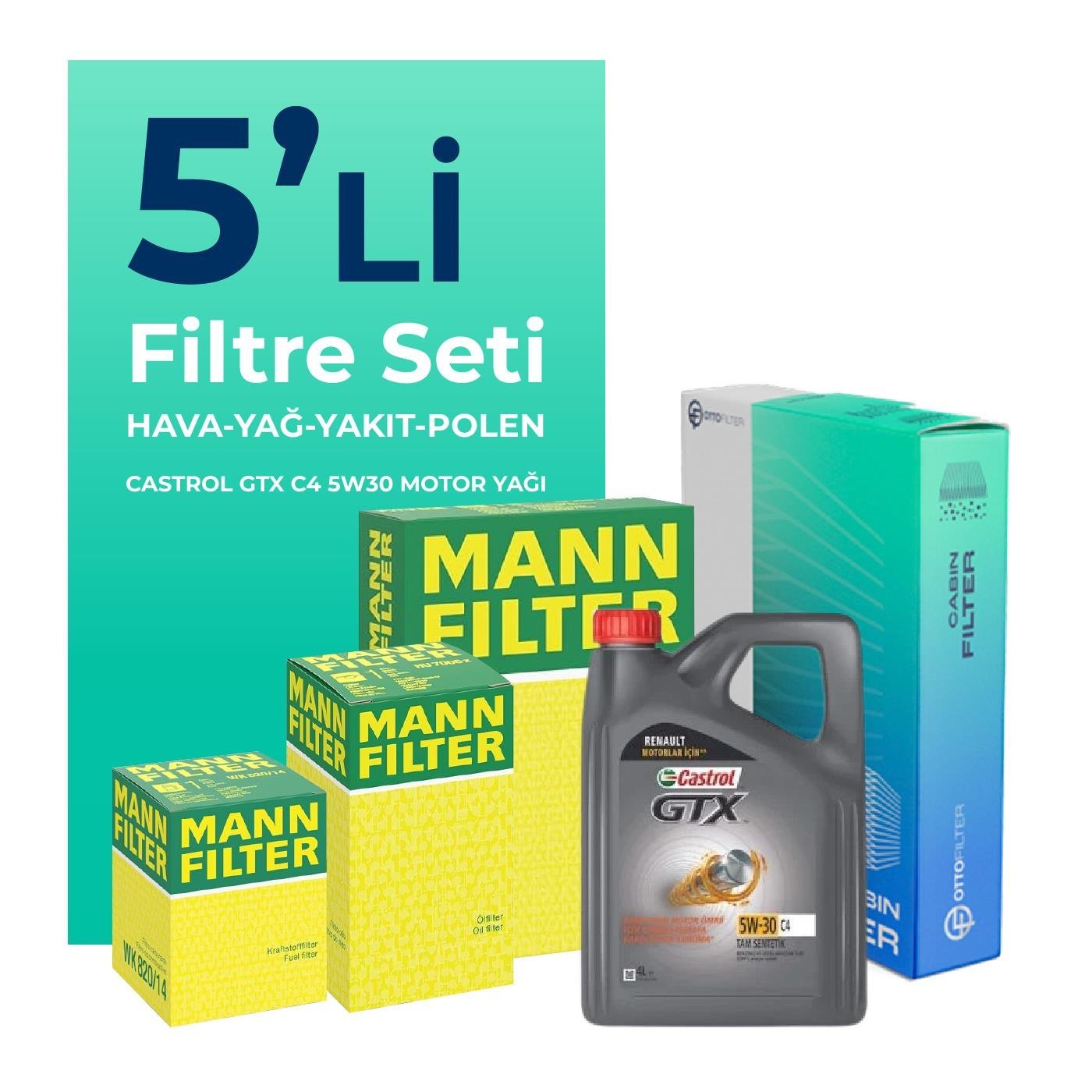 MANN Mercedes A180 Dizel Filtre Bakım Seti Castrol Motor Yağlı (2012-2018) 5 Li