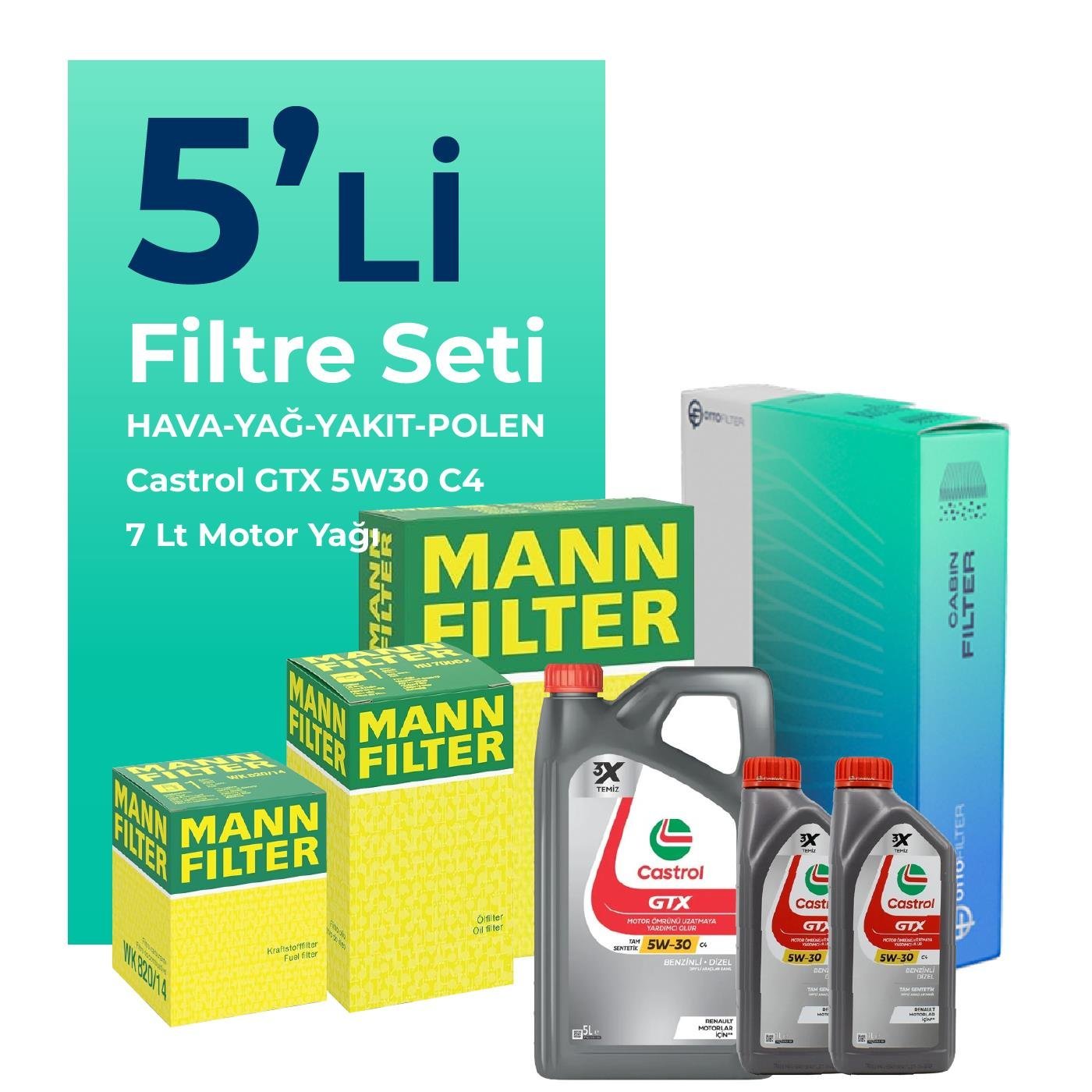 MANN Nissan Navara 2.5 Dizel Filtre Bakım Seti Castrol Motor Yağlı (2006-2015) 5 Li