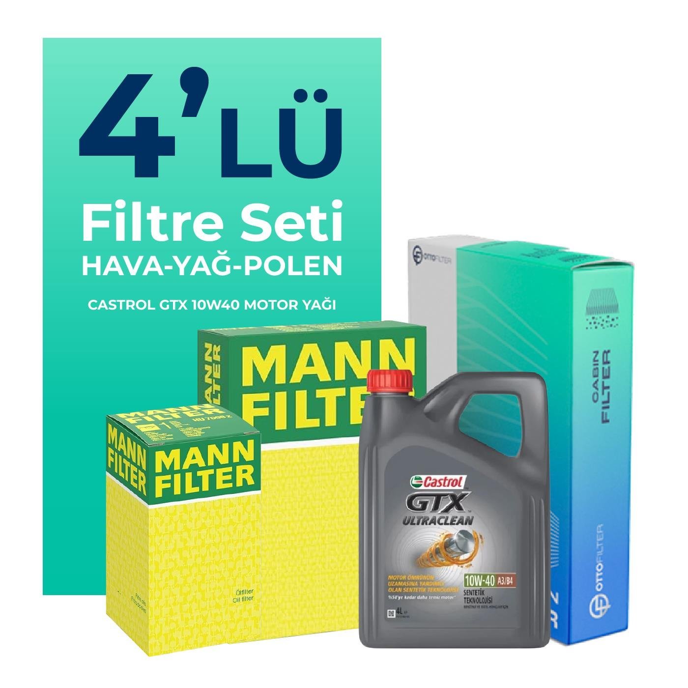 MANN Nissan Primera 1.6 Filtre Bakım Seti Castrol Motor Yağlı (2002-2007) 4 Lü