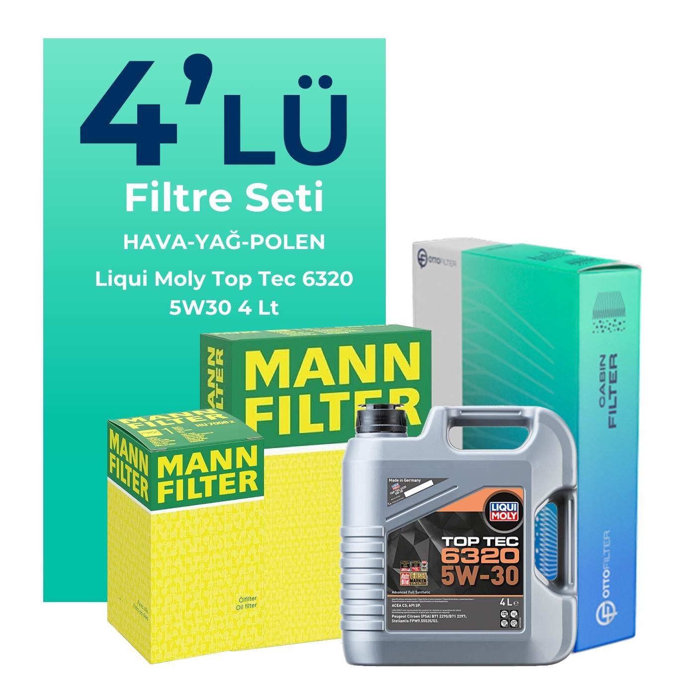MANN Peugeot 301 1.2 Benzin Vti Filtre Bakım Seti Liqui Moly Motor Yağlı (2012-2015) 4 Lü