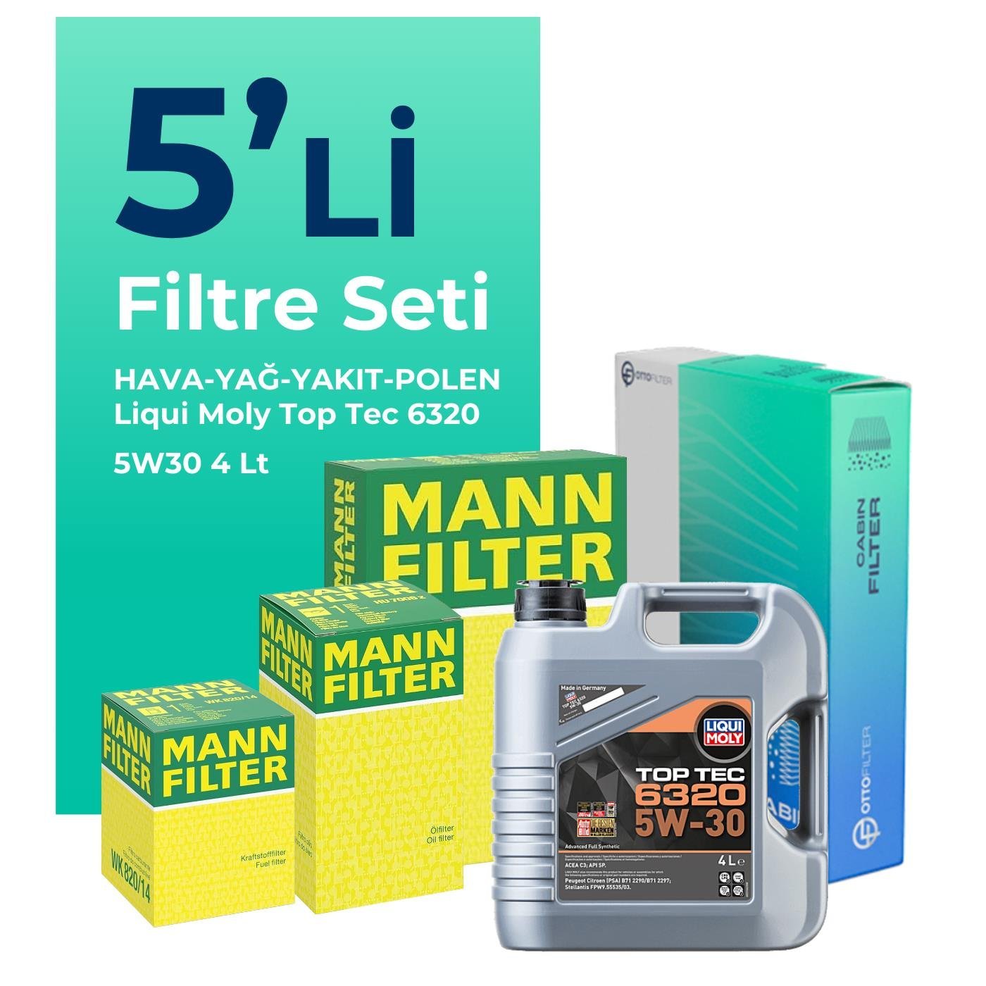MANN Peugeot 508 1.5 Dizel Filtre Bakım Seti Liqui Moly Motor Yağlı (2019-2024) 5 Li