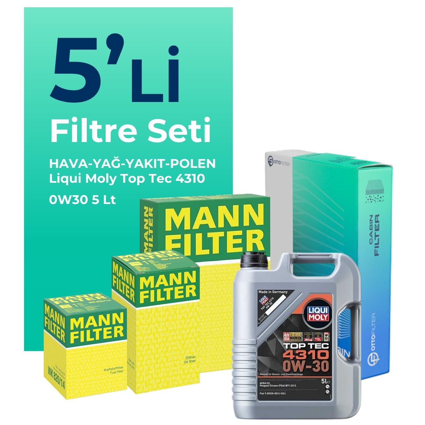 MANN Peugeot 508 1.6 BlueHDi Dizel Filtre Bakım Seti Liqui Moly Motor Yağlı (2014-2018) 5 Li
