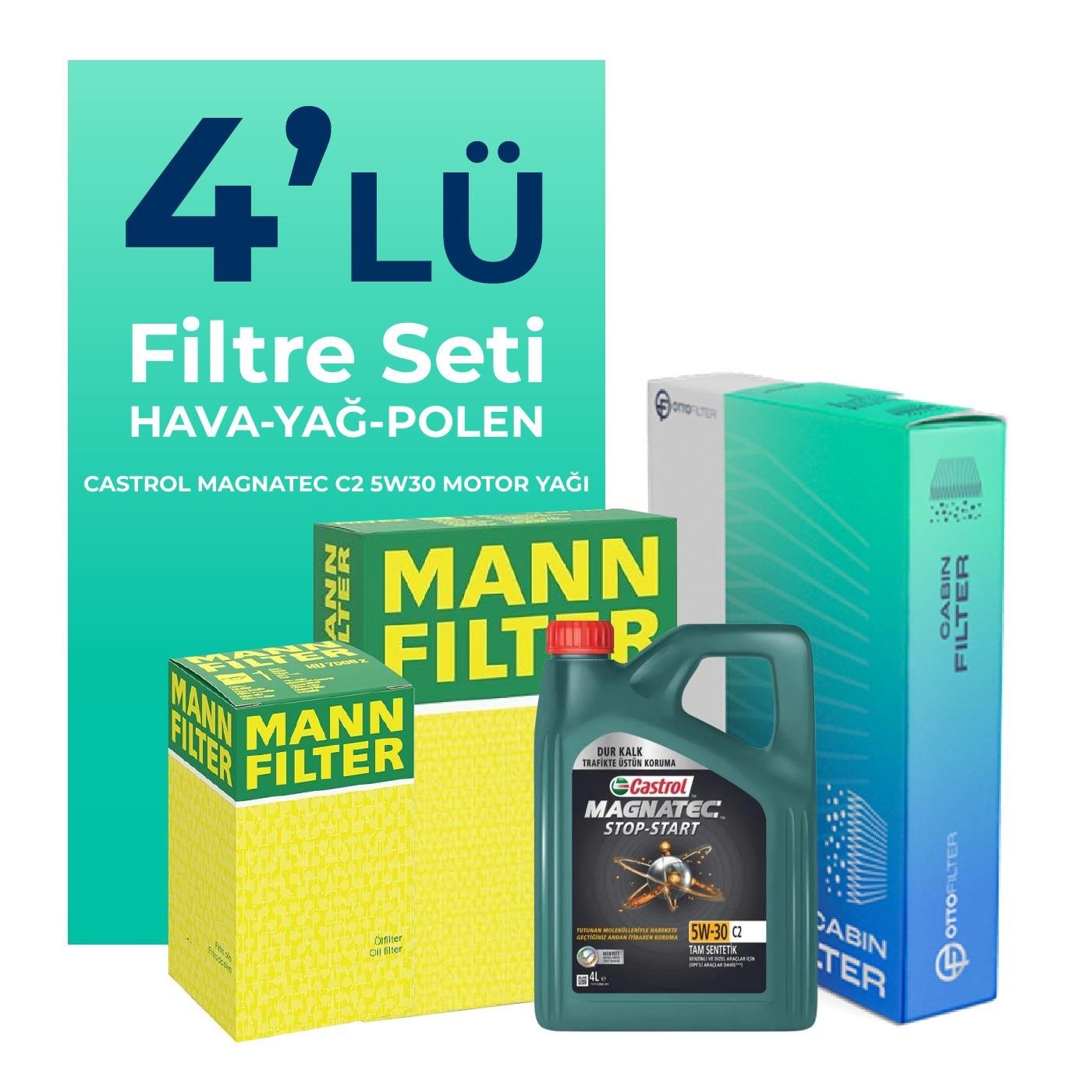 MANN Peugeot Bipper 1.3 Dizel Filtre Bakım Seti Castrol Motor Yağlı (2009-2016) 4 Lü