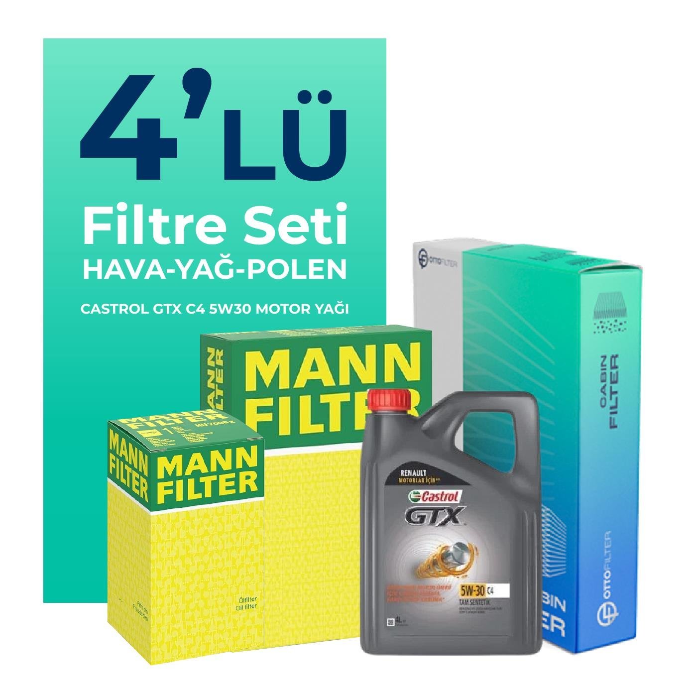 MANN Renault Clio 1.0 Benzin SCe Filtre Bakım Seti Castrol Motor Yağlı (2019-2024) 4 Lü