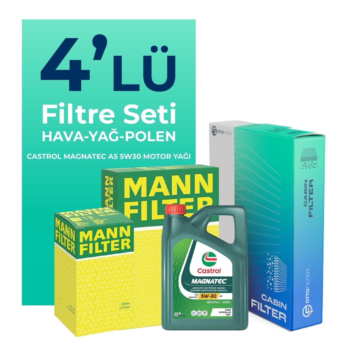 MANN Seat İbiza 1.2 Benzin Filtre Bakım Seti Castrol Motor Yağlı (2002-2007) 4 Lü