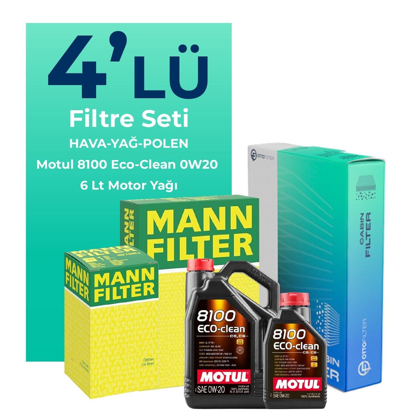 MANN Volvo V40 1.5 Benzin Filtre Bakım Seti Motul Motor Yağlı (2015-2019) 4 Lü